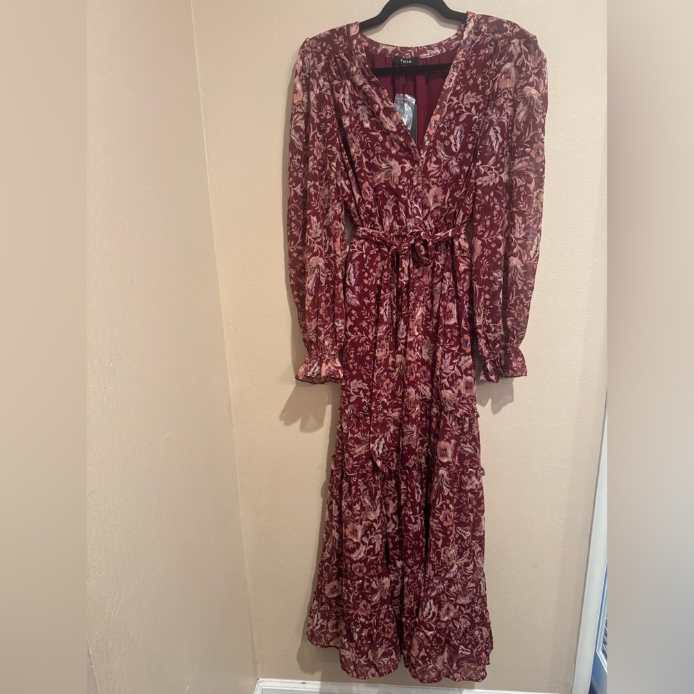 Fate Burgundy Floral Tiered Lined Maxi Dress With Gold Sparkle Circle Accents